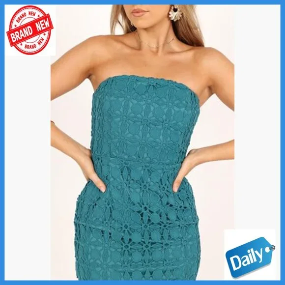 Strapless Lace Midi Dress with Boning Shirred Back Bodycon Fit